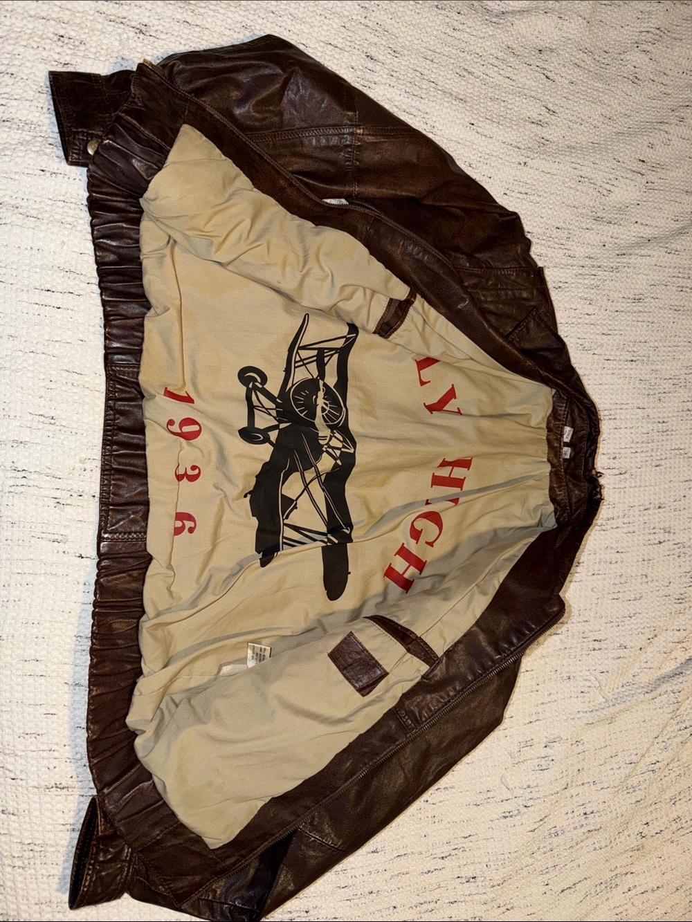 Brown Leather Bomber Jacket with Graphic Liner